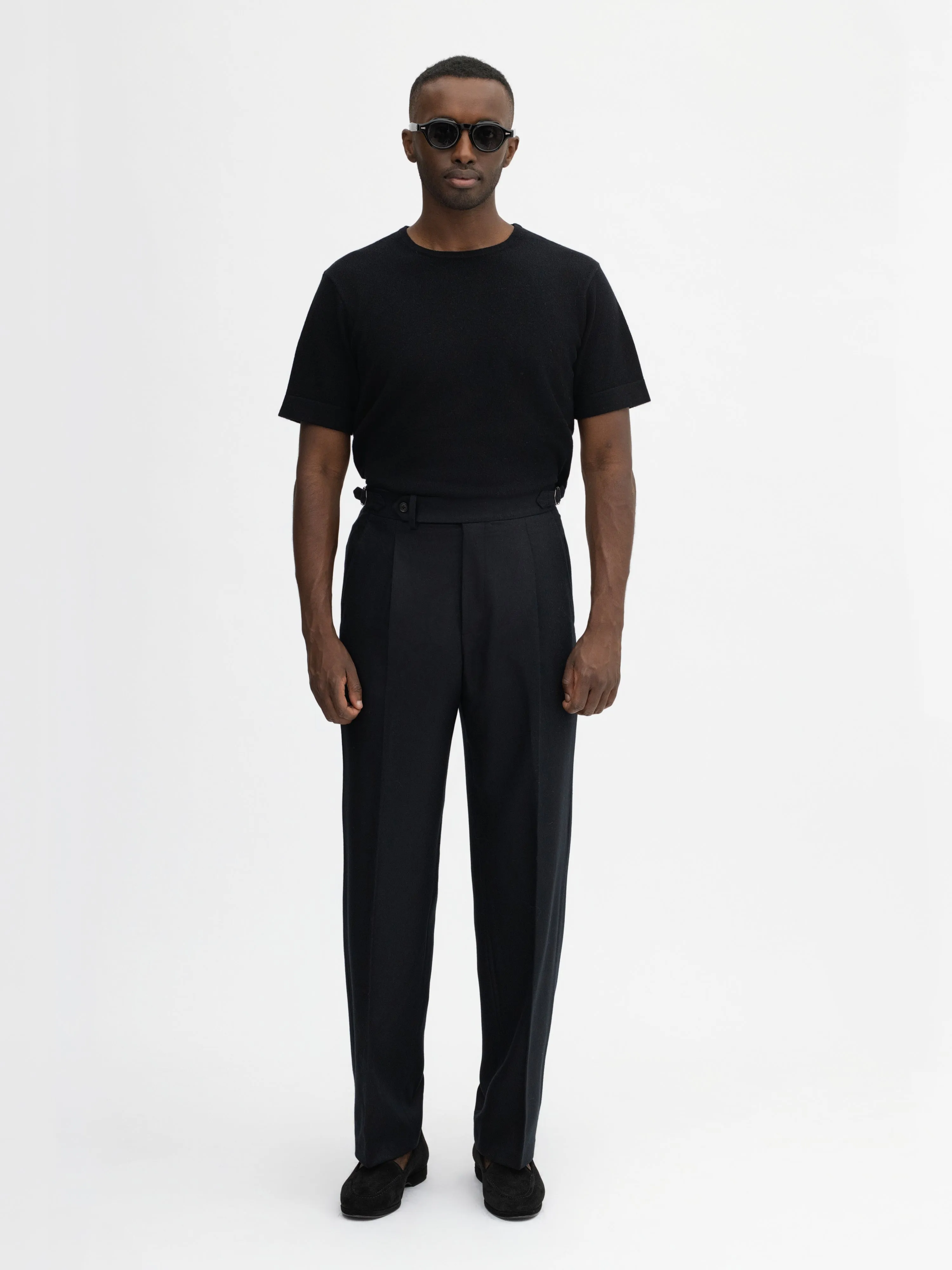 Black Flannel Wool Oscar Trousers (Wide Fit)