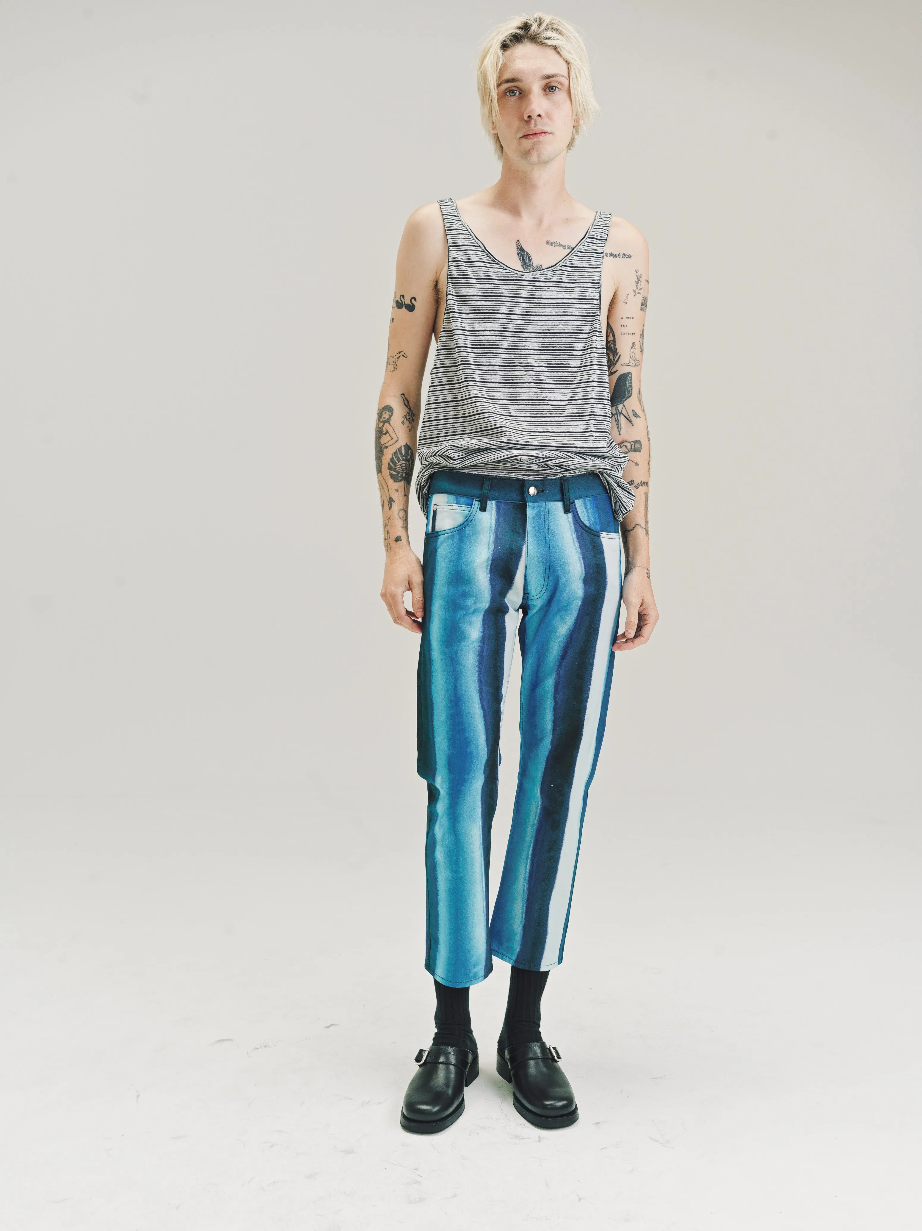 Blue Print Cotton Cropped Trousers