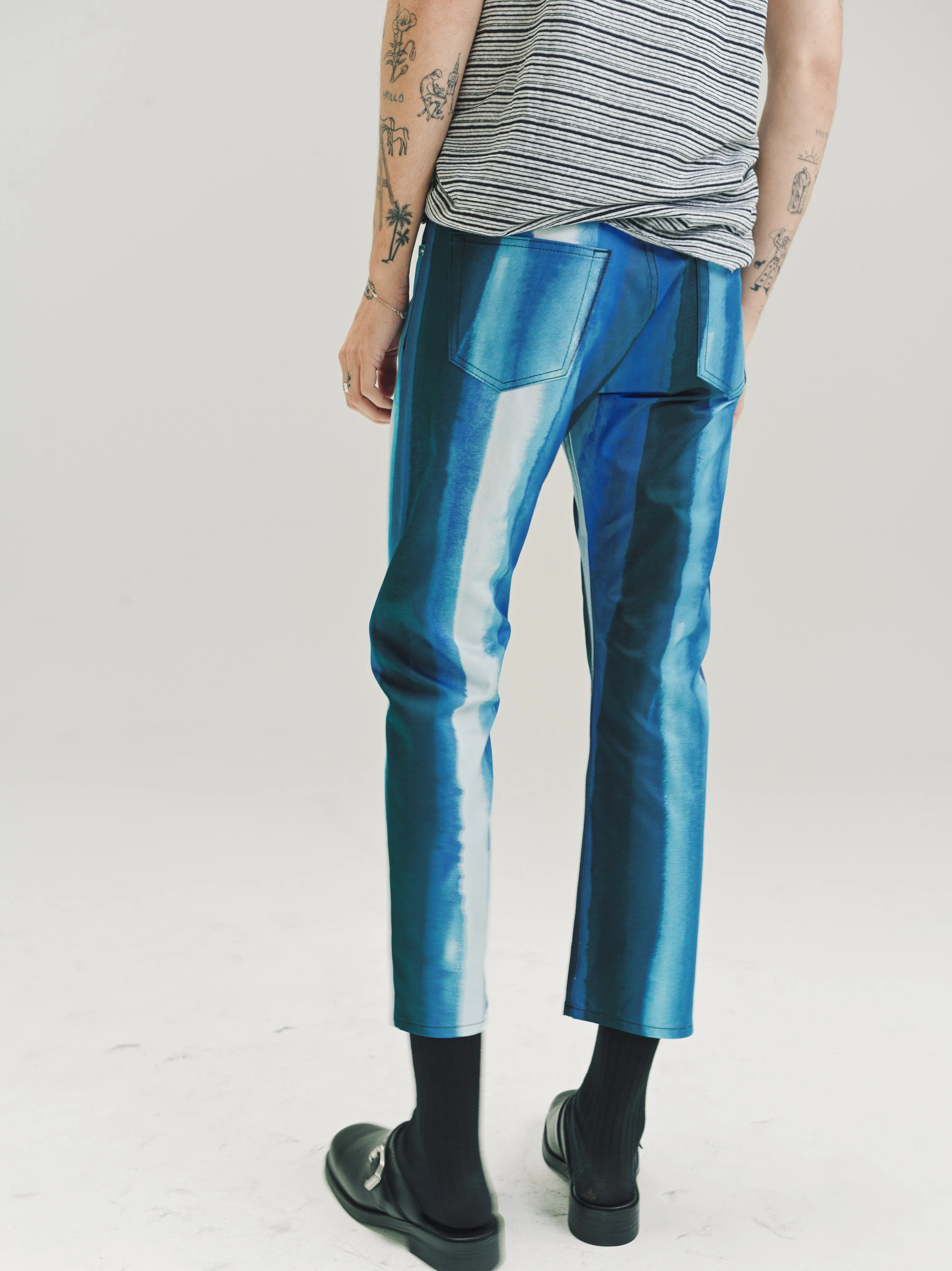Blue Print Cotton Cropped Trousers