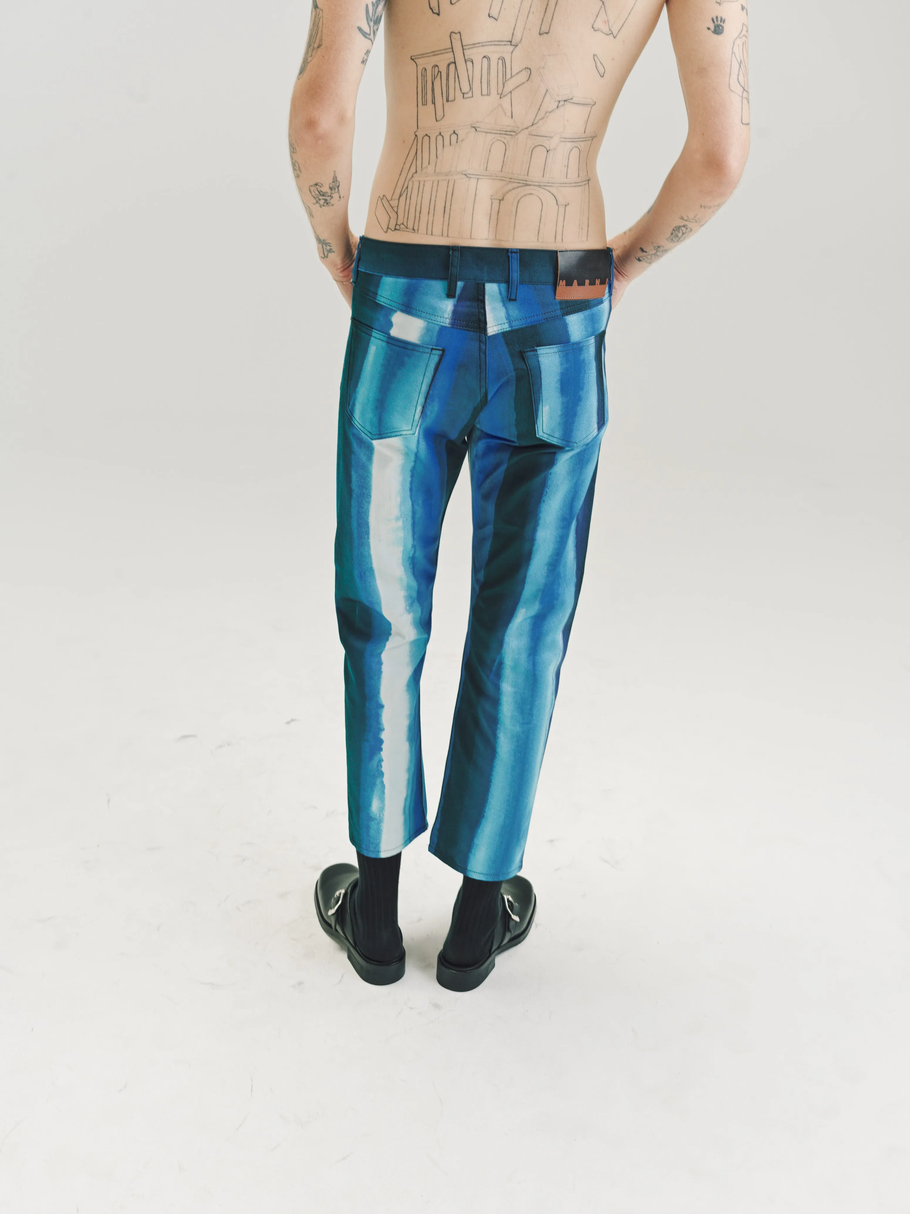 Blue Print Cotton Cropped Trousers