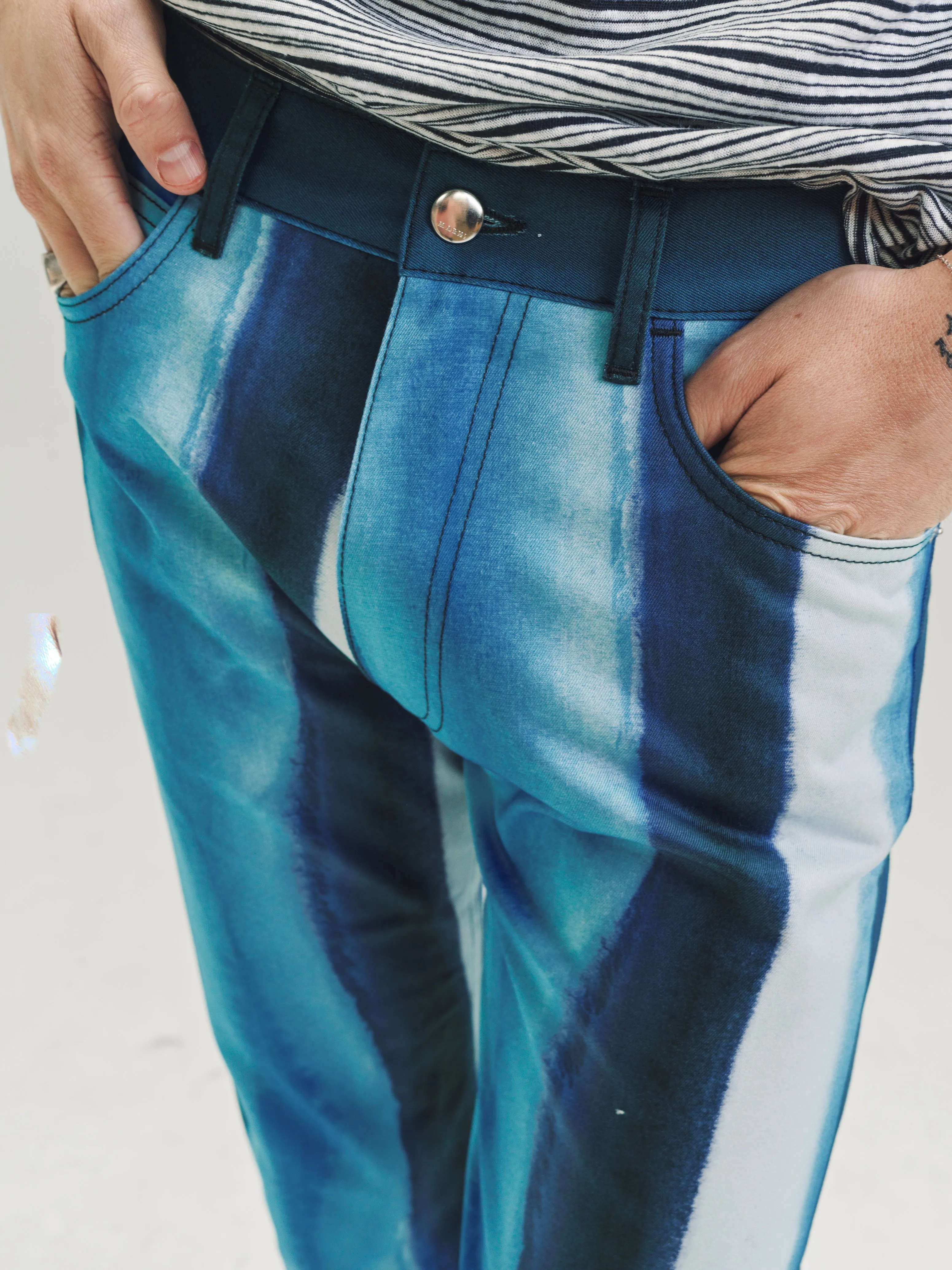 Blue Print Cotton Cropped Trousers