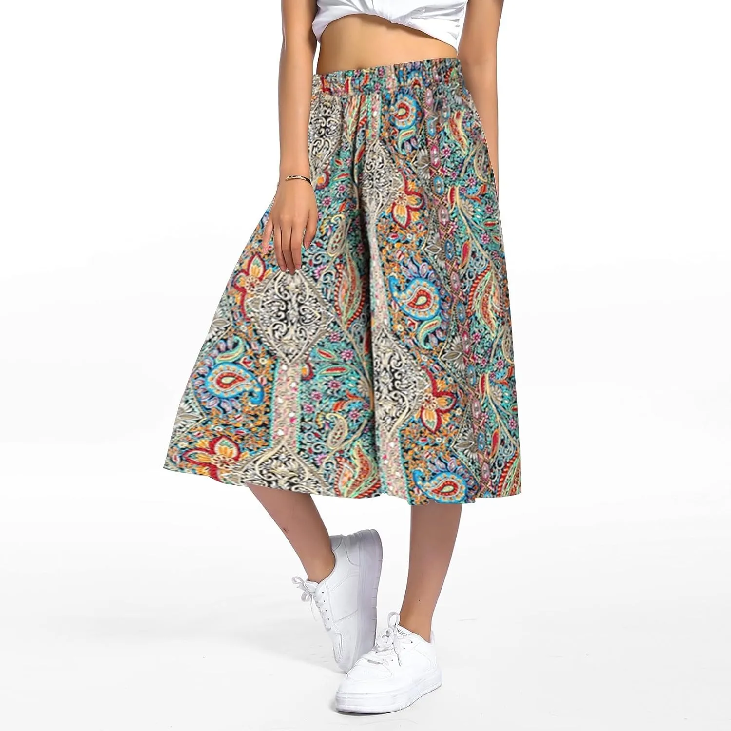 Casual Dress Pants for Women Loose Fit High Waisted Floral Print Pant Wide Leg Elastic Waist Trousers with Pockets