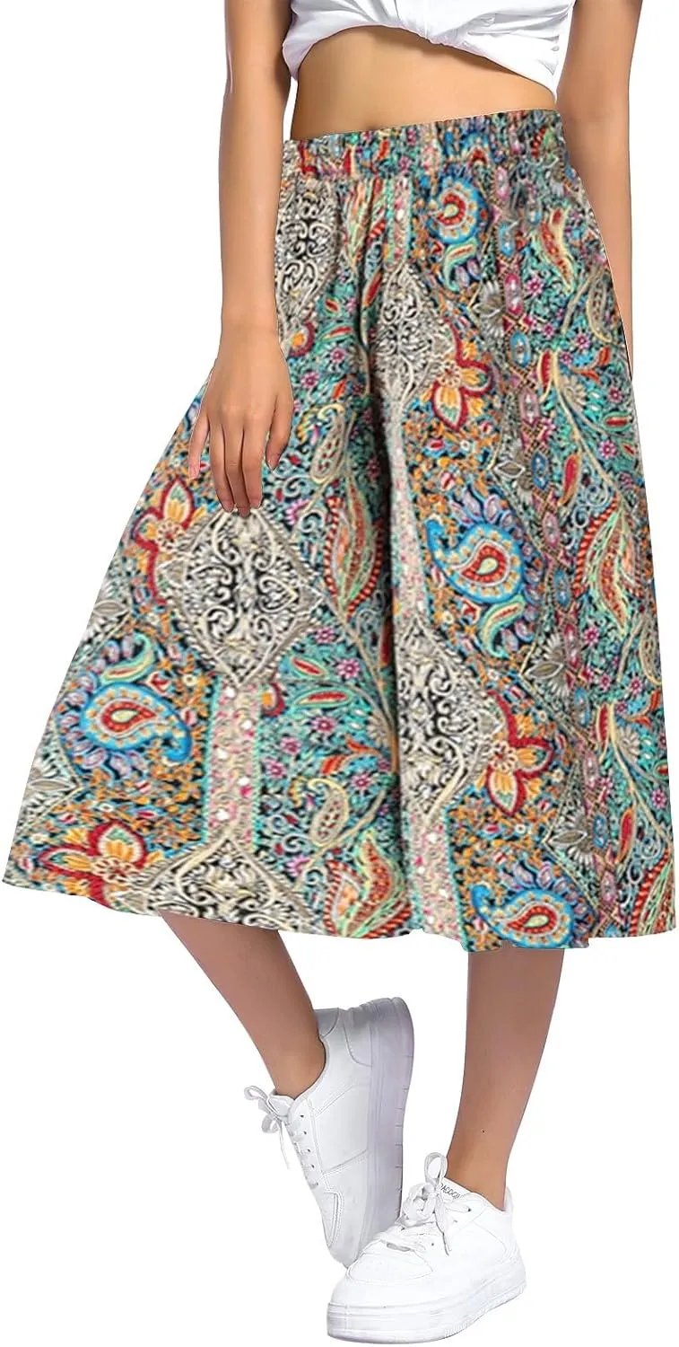Casual Dress Pants for Women Loose Fit High Waisted Floral Print Pant Wide Leg Elastic Waist Trousers with Pockets