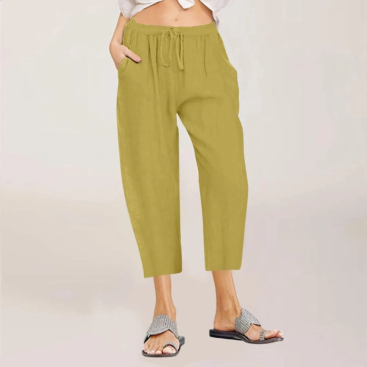 Cotton Linen Capris Pants Women Solid Color Elasticated Waist Cropped Trousers Summer Plain Pant Casual Bottoms Pockets