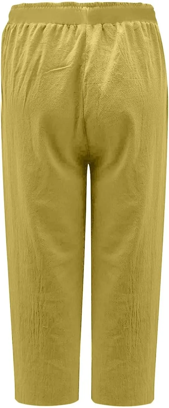 Cotton Linen Capris Pants Women Solid Color Elasticated Waist Cropped Trousers Summer Plain Pant Casual Bottoms Pockets