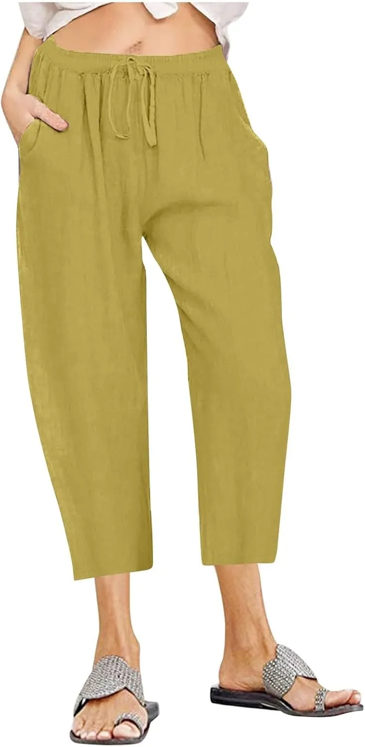 Cotton Linen Capris Pants Women Solid Color Elasticated Waist Cropped Trousers Summer Plain Pant Casual Bottoms Pockets
