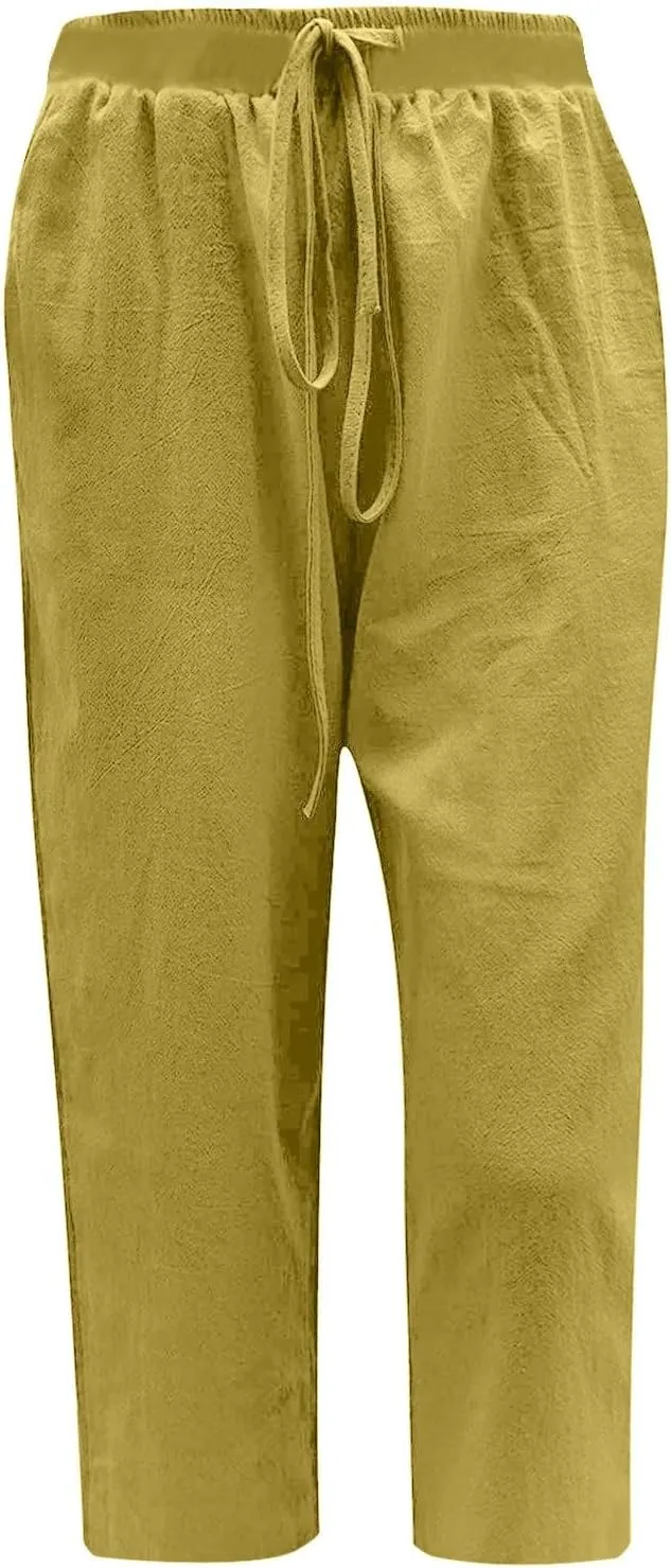 Cotton Linen Capris Pants Women Solid Color Elasticated Waist Cropped Trousers Summer Plain Pant Casual Bottoms Pockets