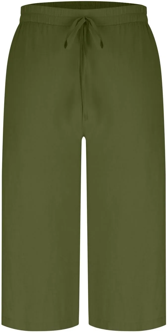 Cotton Linen Cropped Pants Women 3/4 Length Trousers Solid Wide Leg Capri Pant Summer Breathable Trouser Baggy Capris