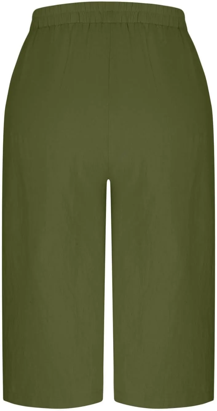Cotton Linen Cropped Pants Women 3/4 Length Trousers Solid Wide Leg Capri Pant Summer Breathable Trouser Baggy Capris