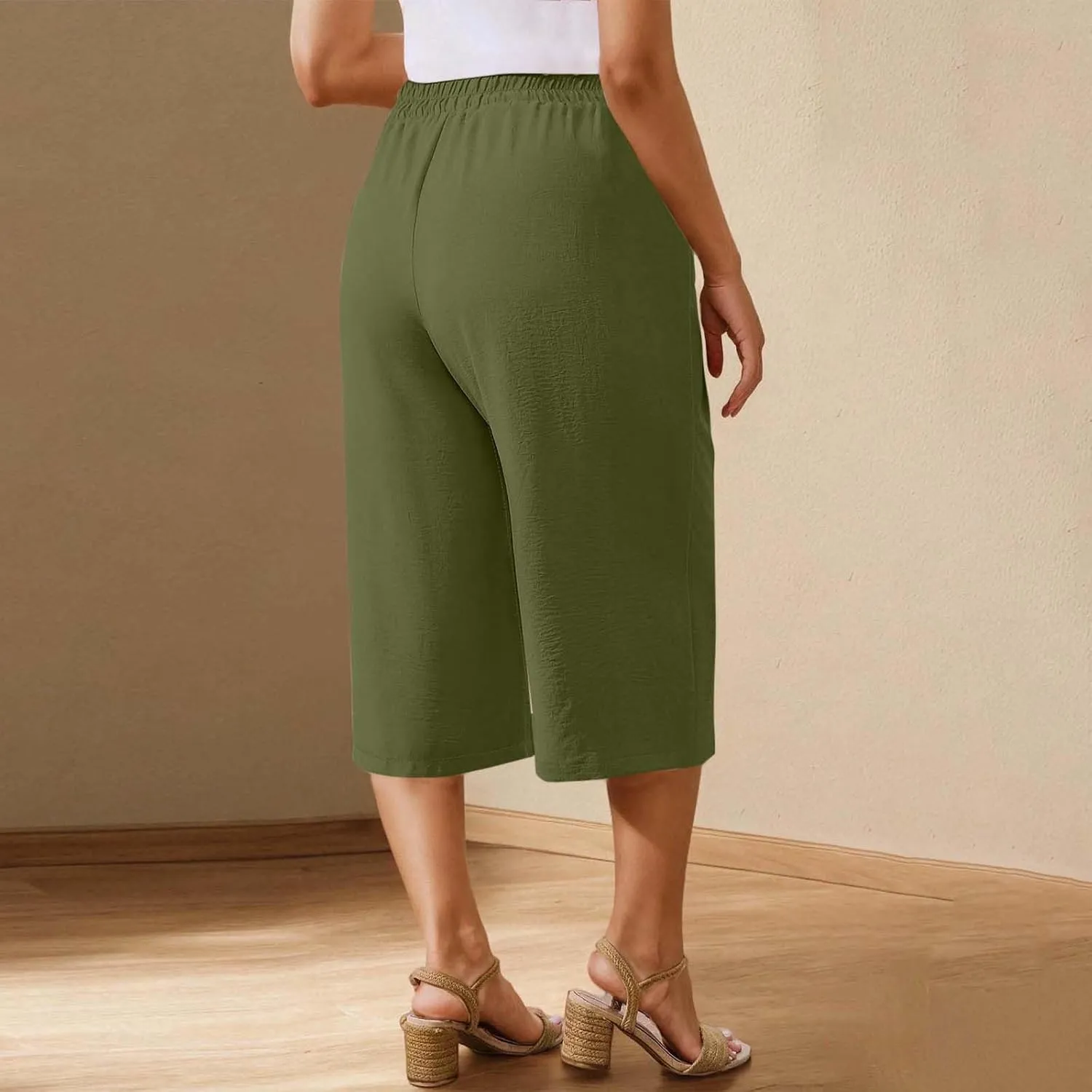 Cotton Linen Cropped Pants Women 3/4 Length Trousers Solid Wide Leg Capri Pant Summer Breathable Trouser Baggy Capris