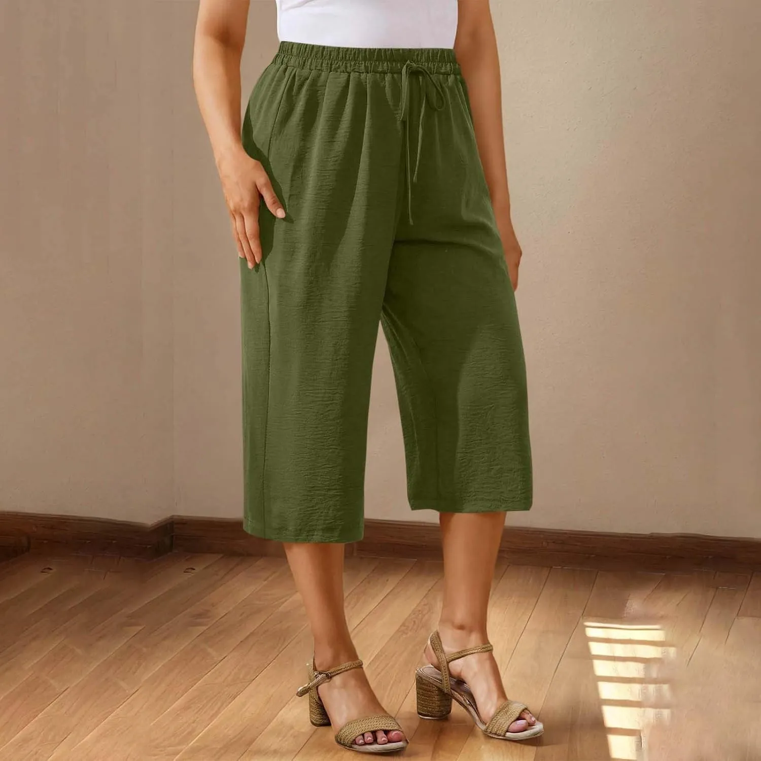 Cotton Linen Cropped Pants Women 3/4 Length Trousers Solid Wide Leg Capri Pant Summer Breathable Trouser Baggy Capris