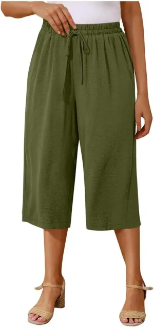 Cotton Linen Cropped Pants Women 3/4 Length Trousers Solid Wide Leg Capri Pant Summer Breathable Trouser Baggy Capris