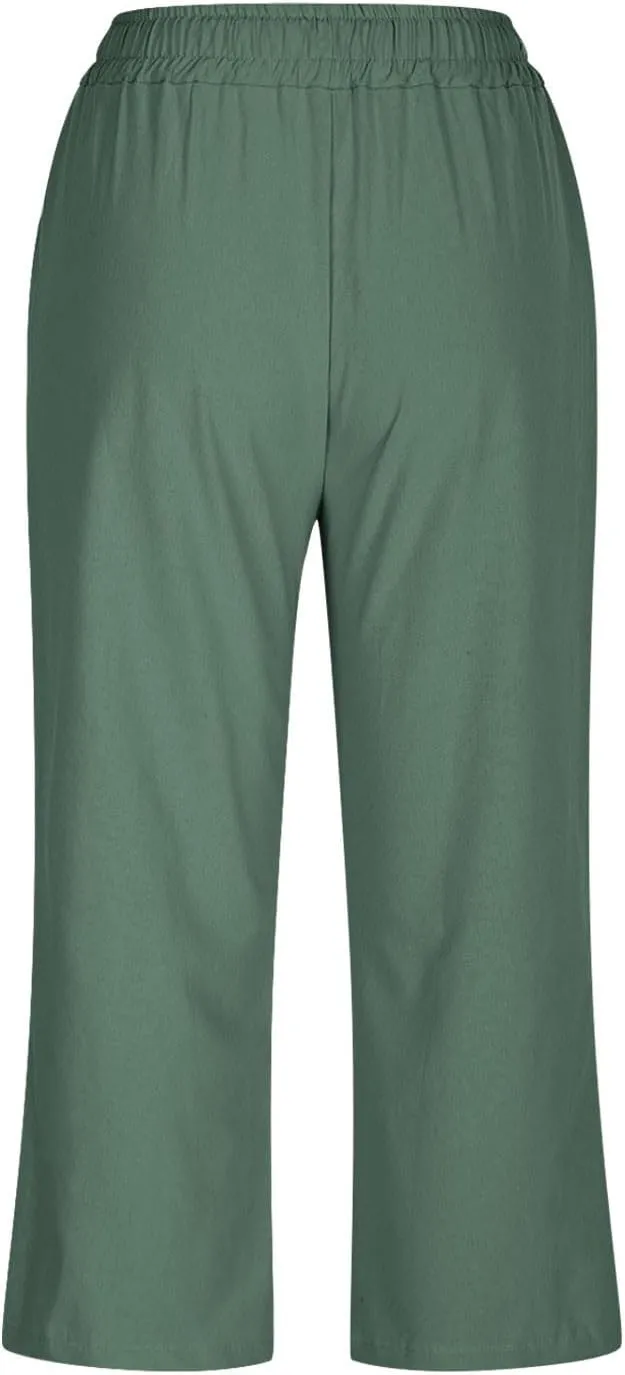Cotton Linen Cropped Trousers Women Solid Color Wide Leg Capri Pants Elastic Waist Trouser Summer Casual Capris Pant