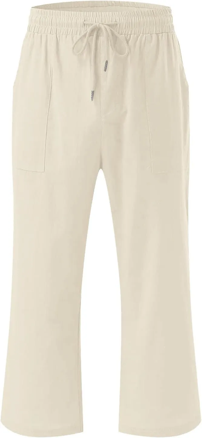Cotton Linen Cropped Trousers Women Solid Color Wide Leg Capri Pants Elastic Waist Trouser Summer Casual Capris Pant