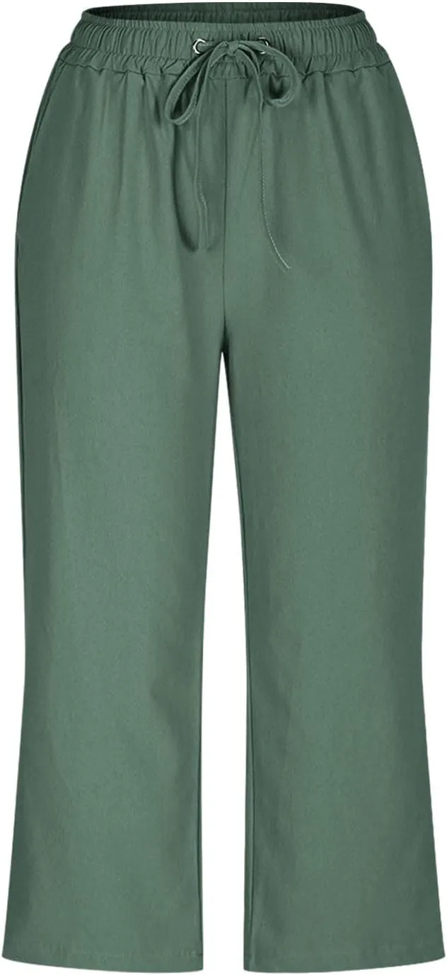 Cotton Linen Cropped Trousers Women Solid Color Wide Leg Capri Pants Elastic Waist Trouser Summer Casual Capris Pant
