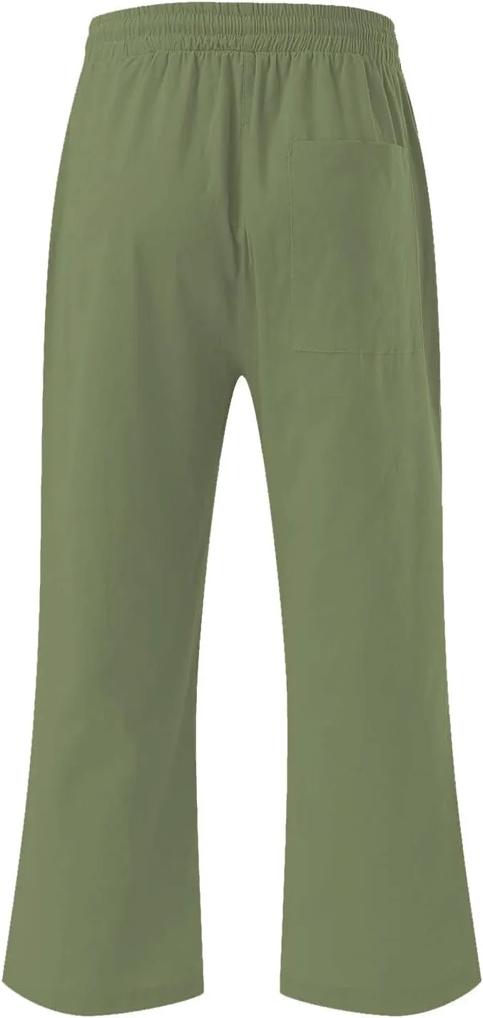 Cotton Linen Cropped Trousers Women Solid Color Wide Leg Capri Pants Elastic Waist Trouser Summer Casual Capris Pant