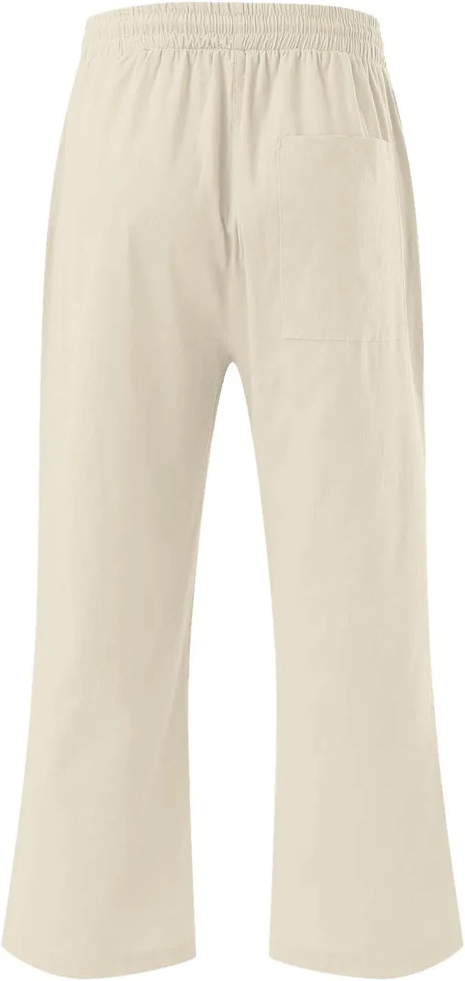 Cotton Linen Cropped Trousers Women Solid Color Wide Leg Capri Pants Elastic Waist Trouser Summer Casual Capris Pant