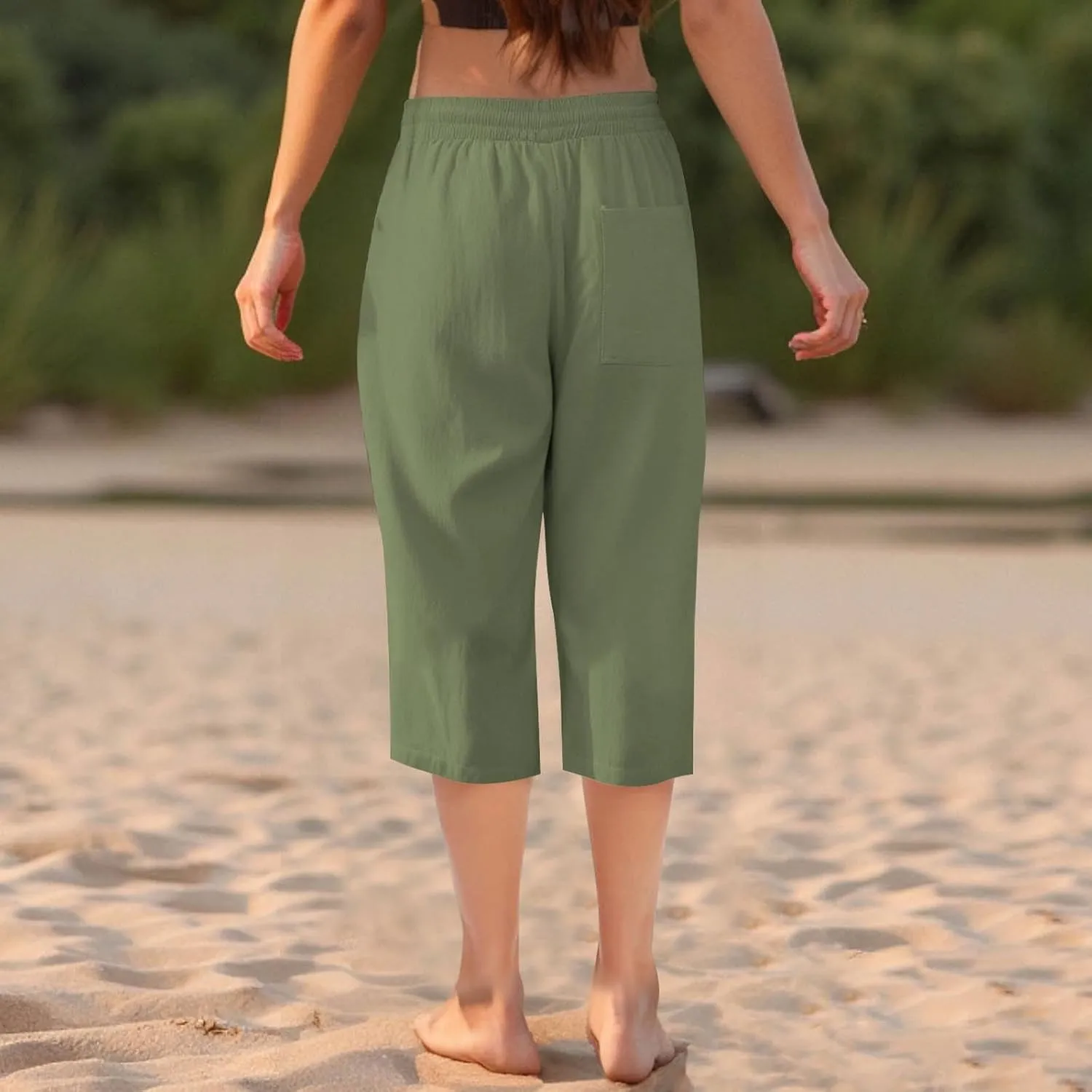 Cotton Linen Cropped Trousers Women Solid Color Wide Leg Capri Pants Elastic Waist Trouser Summer Casual Capris Pant