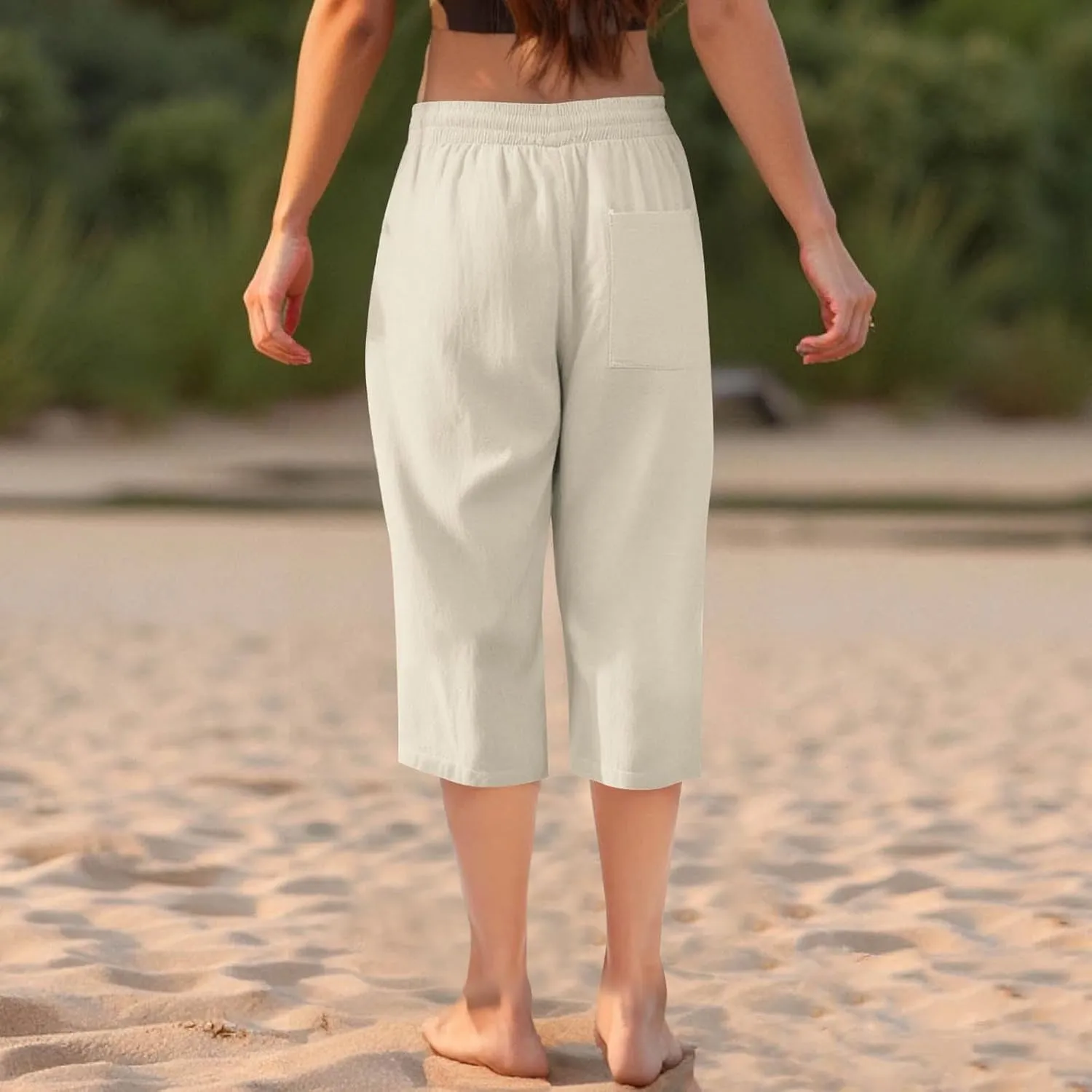 Cotton Linen Cropped Trousers Women Solid Color Wide Leg Capri Pants Elastic Waist Trouser Summer Casual Capris Pant