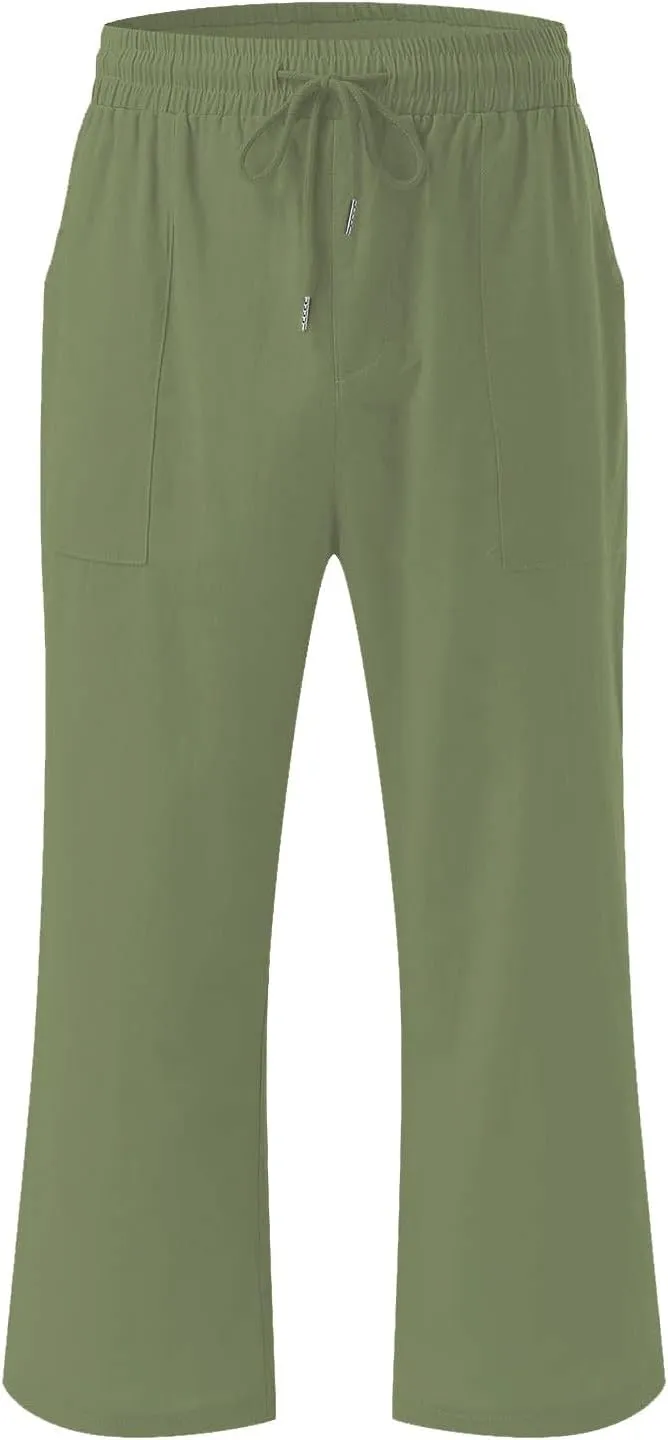 Cotton Linen Cropped Trousers Women Solid Color Wide Leg Capri Pants Elastic Waist Trouser Summer Casual Capris Pant