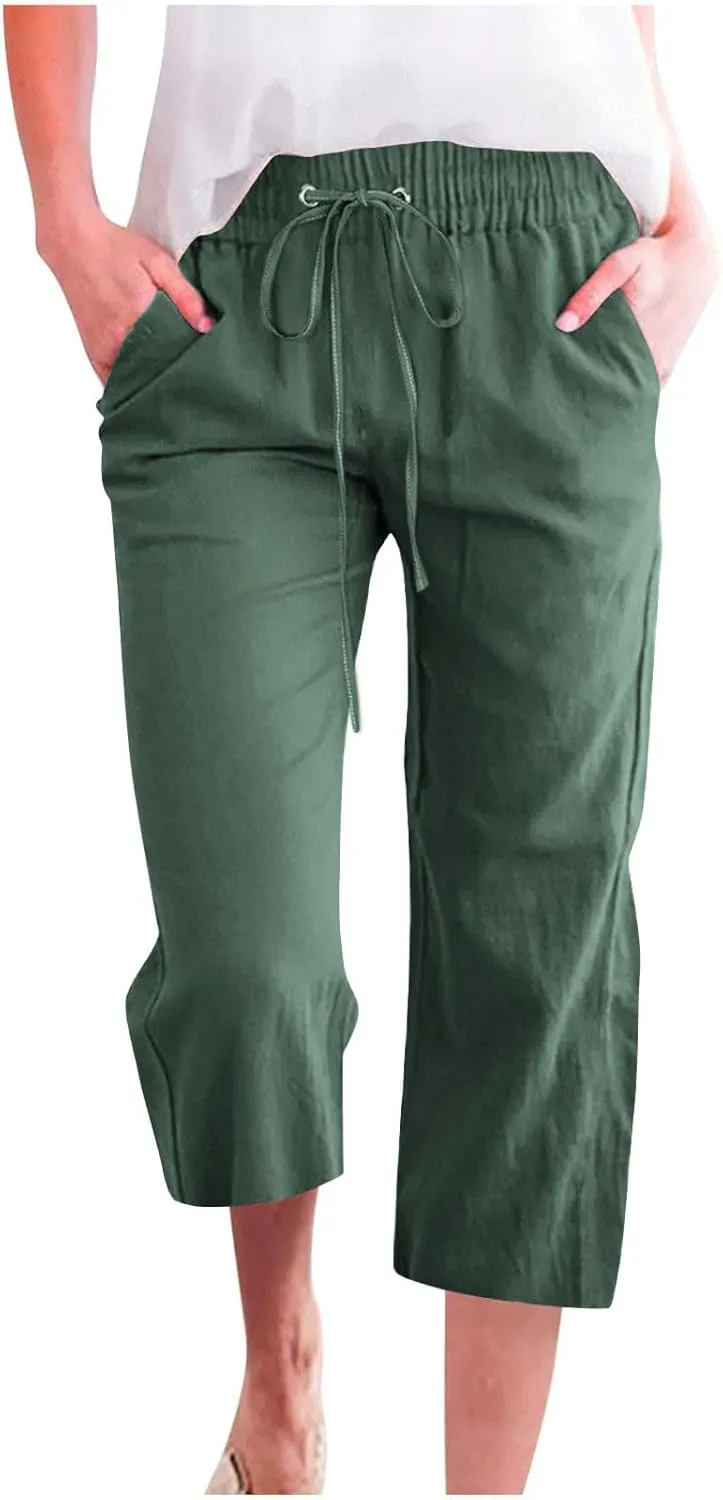 Cotton Linen Cropped Trousers Women Solid Color Wide Leg Capri Pants Elastic Waist Trouser Summer Casual Capris Pant