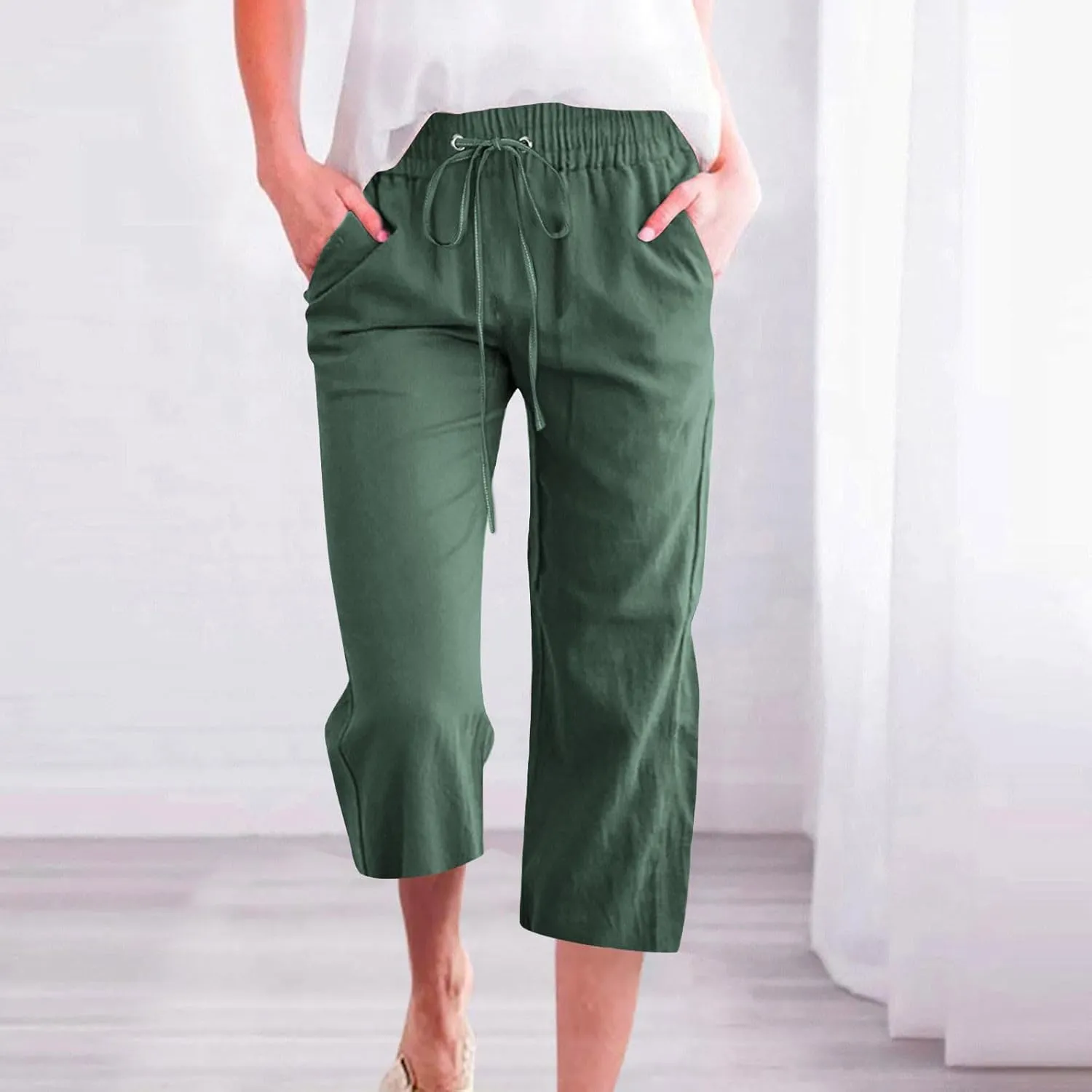 Cotton Linen Cropped Trousers Women Solid Color Wide Leg Capri Pants Elastic Waist Trouser Summer Casual Capris Pant