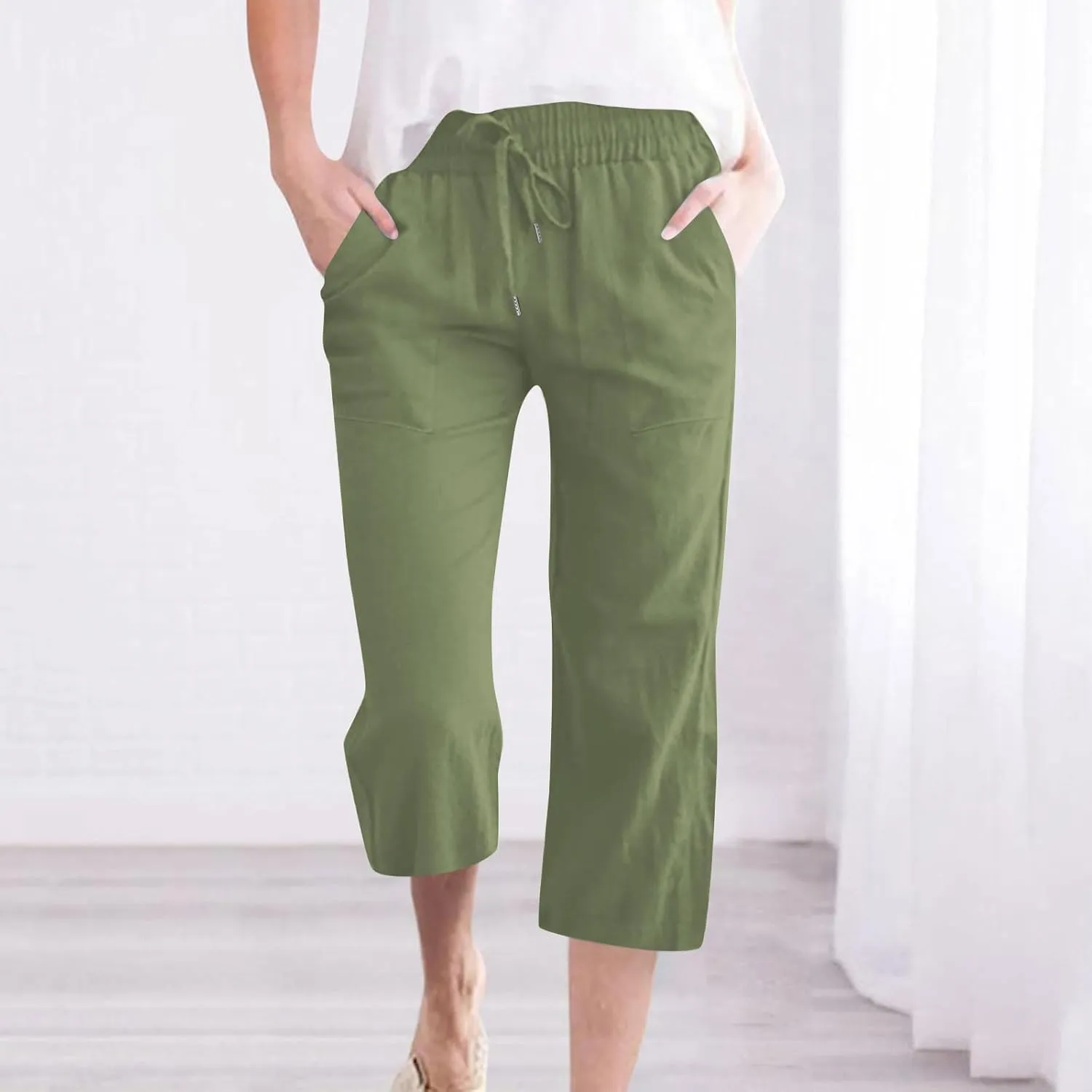 Cotton Linen Cropped Trousers Women Solid Color Wide Leg Capri Pants Elastic Waist Trouser Summer Casual Capris Pant