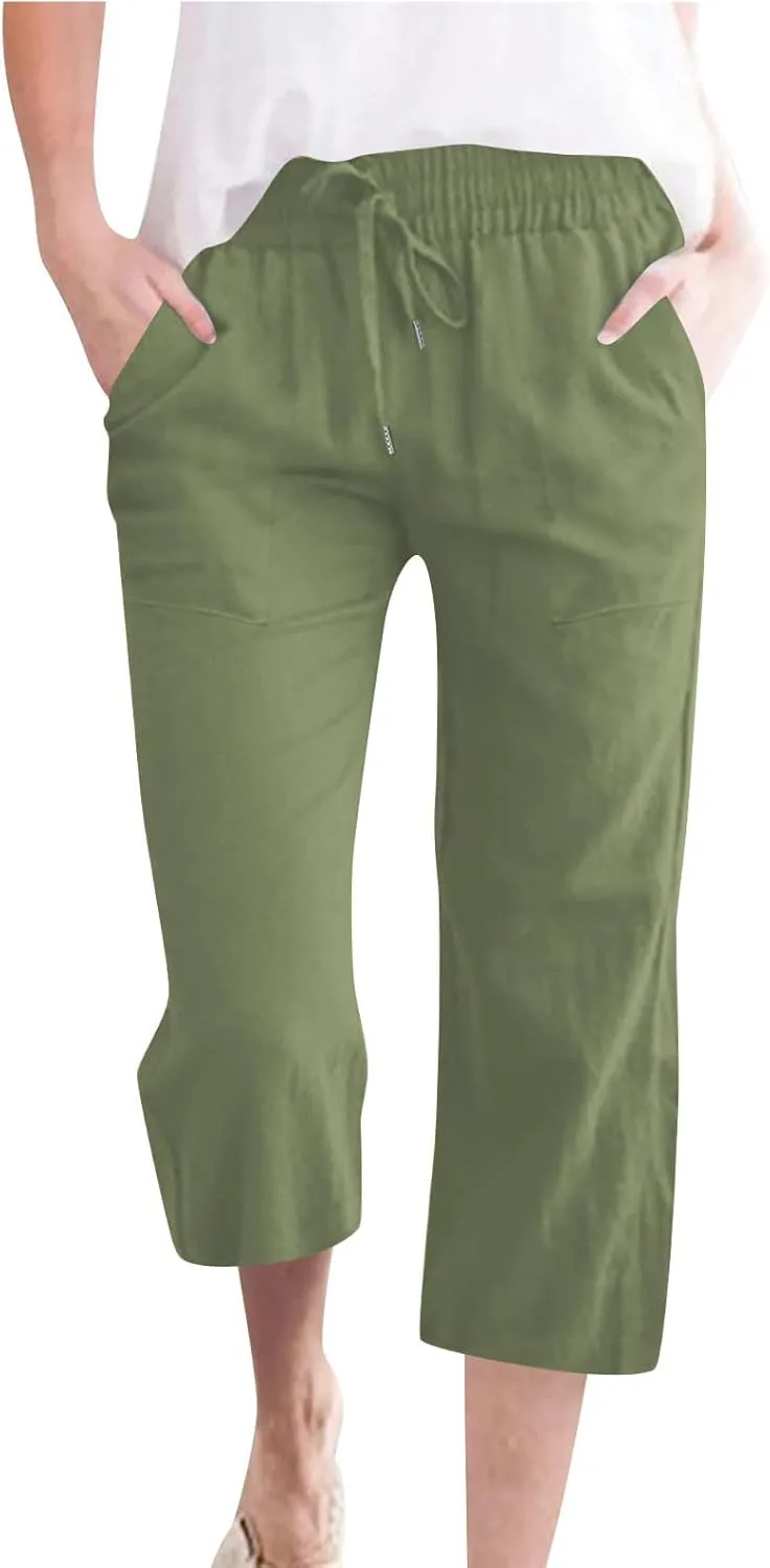 Cotton Linen Cropped Trousers Women Solid Color Wide Leg Capri Pants Elastic Waist Trouser Summer Casual Capris Pant
