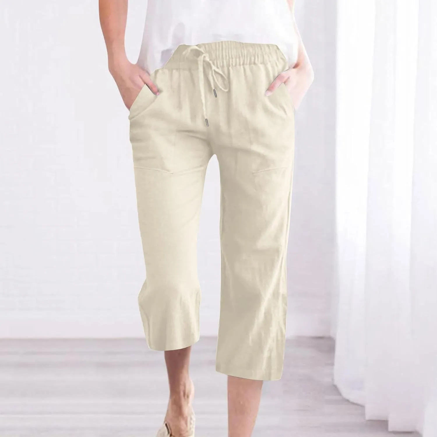 Cotton Linen Cropped Trousers Women Solid Color Wide Leg Capri Pants Elastic Waist Trouser Summer Casual Capris Pant
