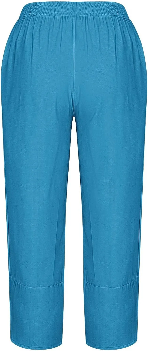 Cotton Linen Wide Leg Capri Pants for Women with Pockets 2025 Summer High Waist Dress Pant for Workout Casual Trousers