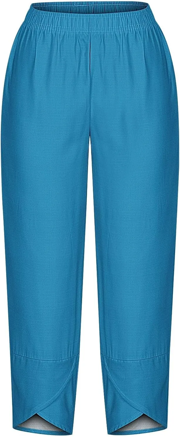 Cotton Linen Wide Leg Capri Pants for Women with Pockets 2025 Summer High Waist Dress Pant for Workout Casual Trousers