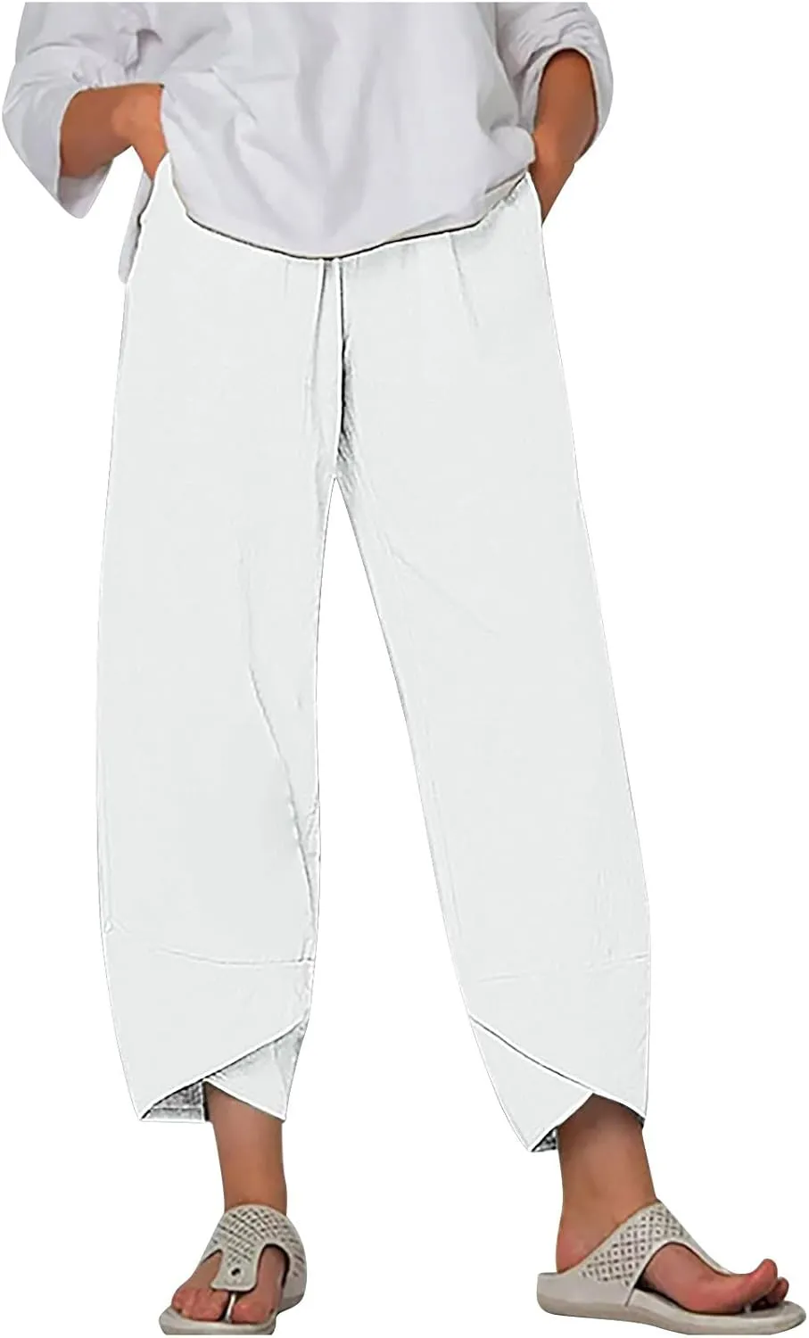 Cotton Linen Wide Leg Capri Pants for Women with Pockets 2025 Summer High Waist Dress Pant for Workout Casual Trousers