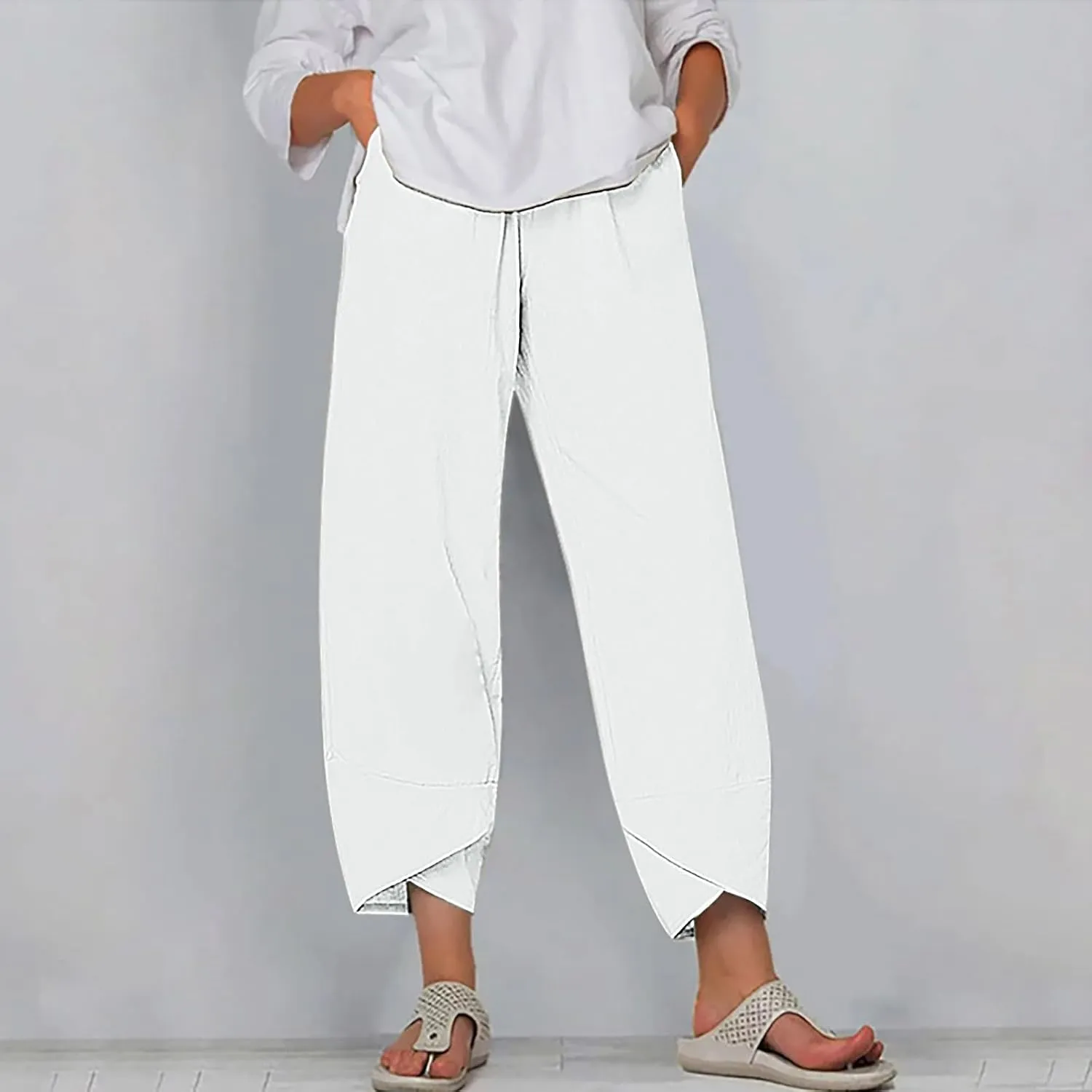 Cotton Linen Wide Leg Capri Pants for Women with Pockets 2025 Summer High Waist Dress Pant for Workout Casual Trousers