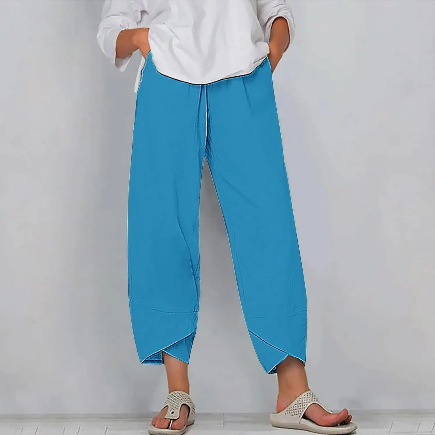 Cotton Linen Wide Leg Capri Pants for Women with Pockets 2025 Summer High Waist Dress Pant for Workout Casual Trousers