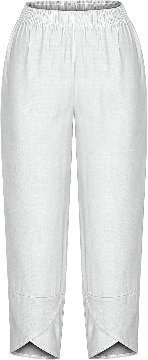 Cotton Linen Wide Leg Capri Pants for Women with Pockets 2025 Summer High Waist Dress Pant for Workout Casual Trousers