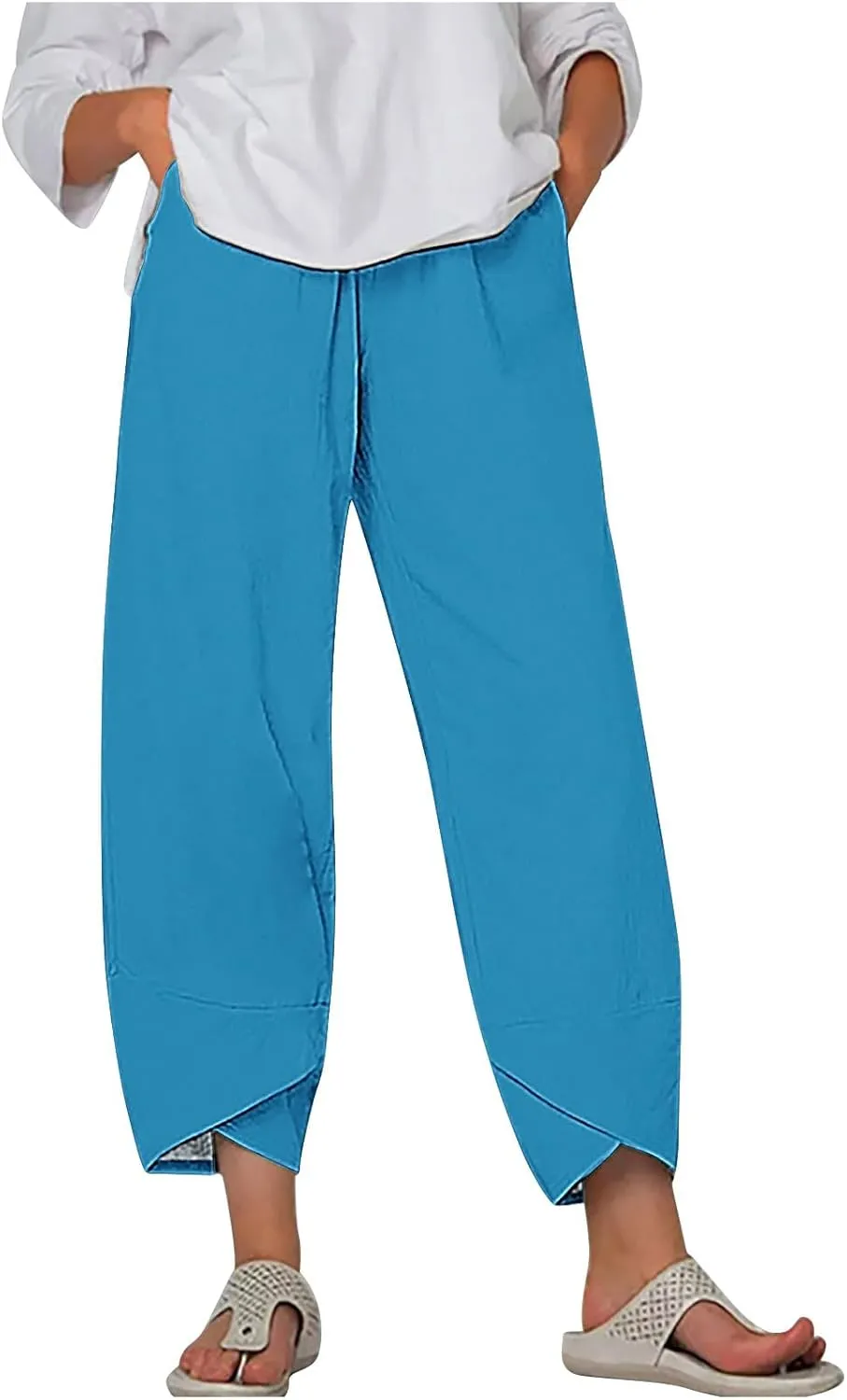 Cotton Linen Wide Leg Capri Pants for Women with Pockets 2025 Summer High Waist Dress Pant for Workout Casual Trousers