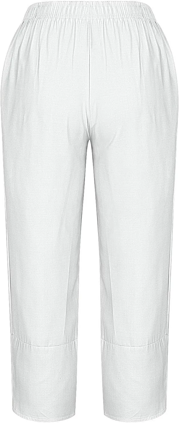 Cotton Linen Wide Leg Capri Pants for Women with Pockets 2025 Summer High Waist Dress Pant for Workout Casual Trousers