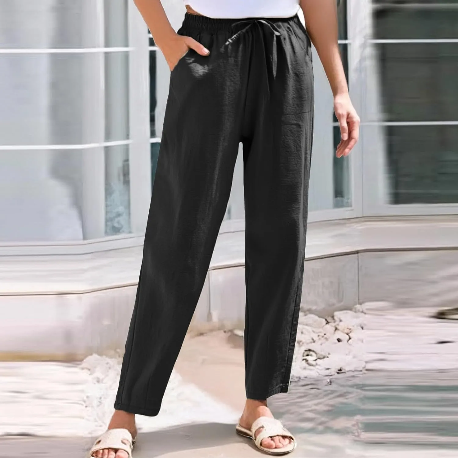 High Waisted Linen Pants Women Straight Leg Summer Trousers, Cotton Pants for Women Lounge Cotton Workout