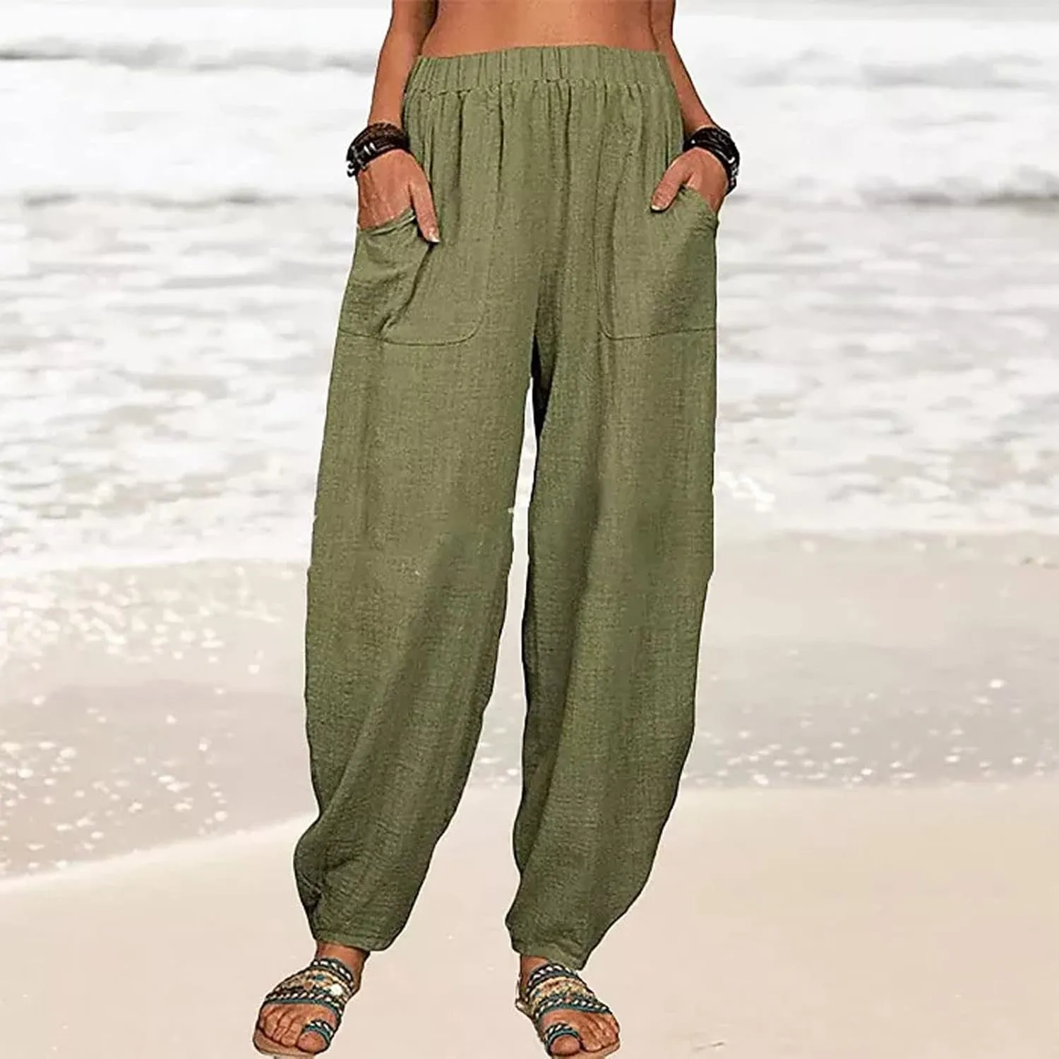JOAU Cotton Linen Casual Summer Pants for Women Comfy Baggy High Waist Trousers with Pockets Lightweight Lounge Loose Pants