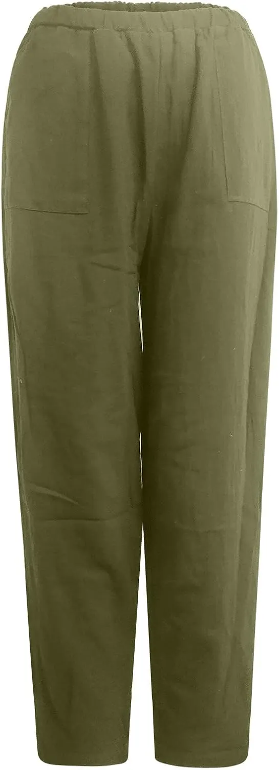 JOAU Cotton Linen Casual Summer Pants for Women Comfy Baggy High Waist Trousers with Pockets Lightweight Lounge Loose Pants