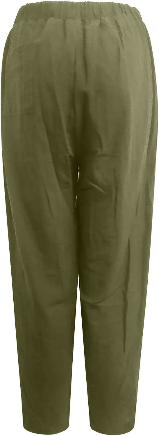 JOAU Cotton Linen Casual Summer Pants for Women Comfy Baggy High Waist Trousers with Pockets Lightweight Lounge Loose Pants