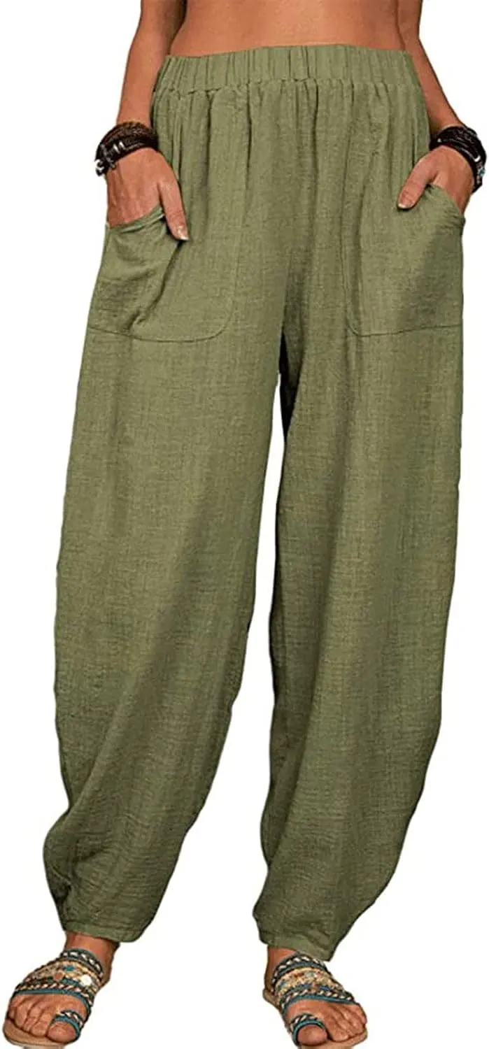 JOAU Cotton Linen Casual Summer Pants for Women Comfy Baggy High Waist Trousers with Pockets Lightweight Lounge Loose Pants
