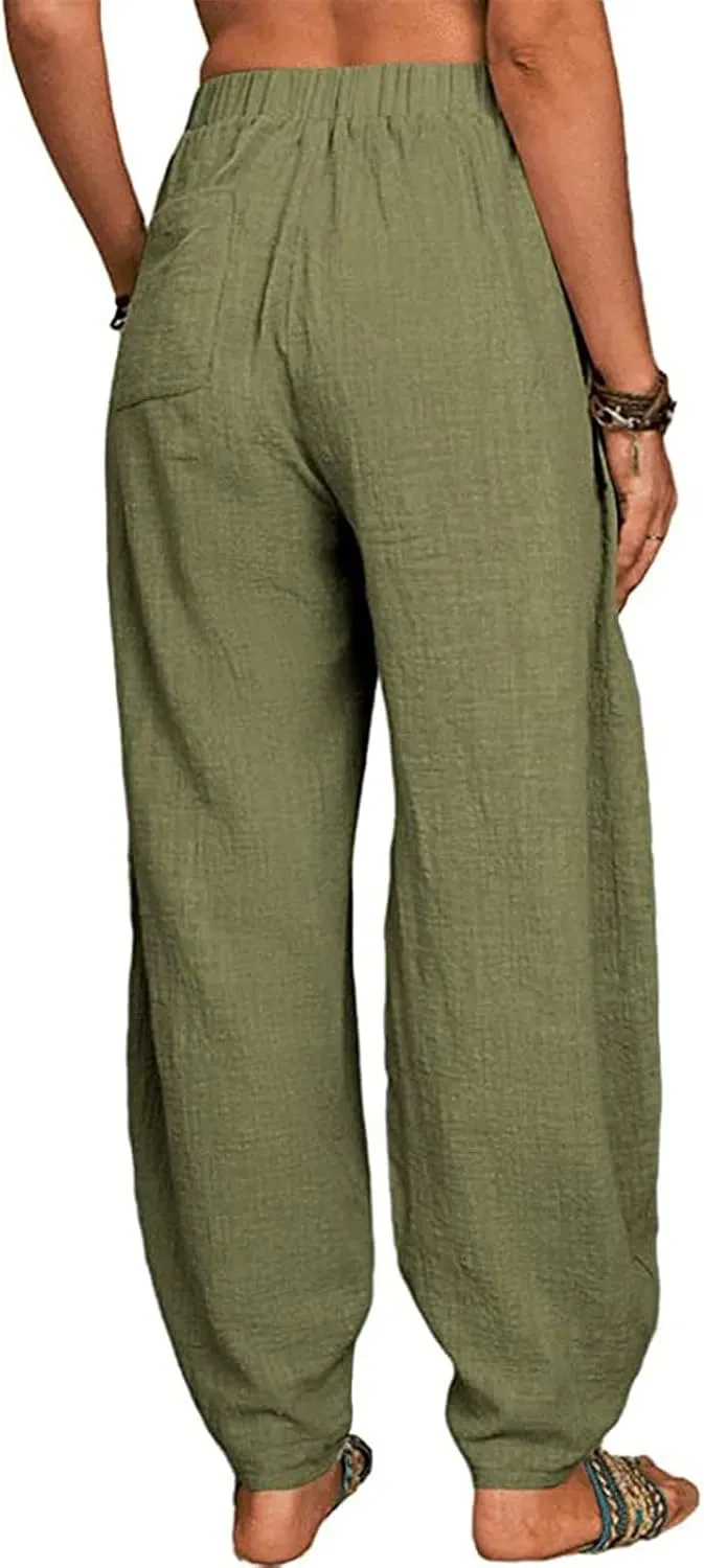 JOAU Cotton Linen Casual Summer Pants for Women Comfy Baggy High Waist Trousers with Pockets Lightweight Lounge Loose Pants