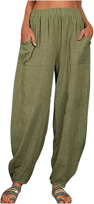 JOAU Cotton Linen Casual Summer Pants for Women Comfy Baggy High Waist Trousers with Pockets Lightweight Lounge Loose Pants