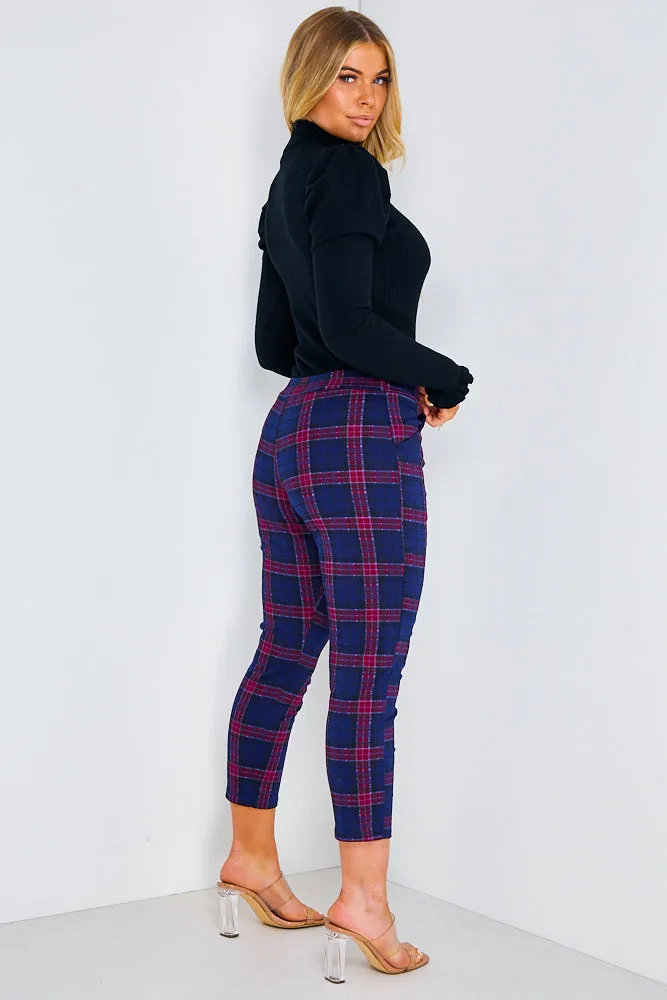 Navy & Red Check Cropped Trousers