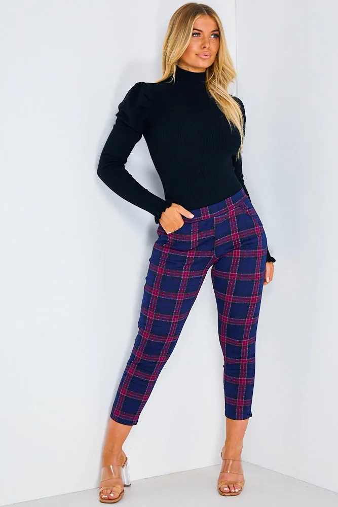 Navy & Red Check Cropped Trousers