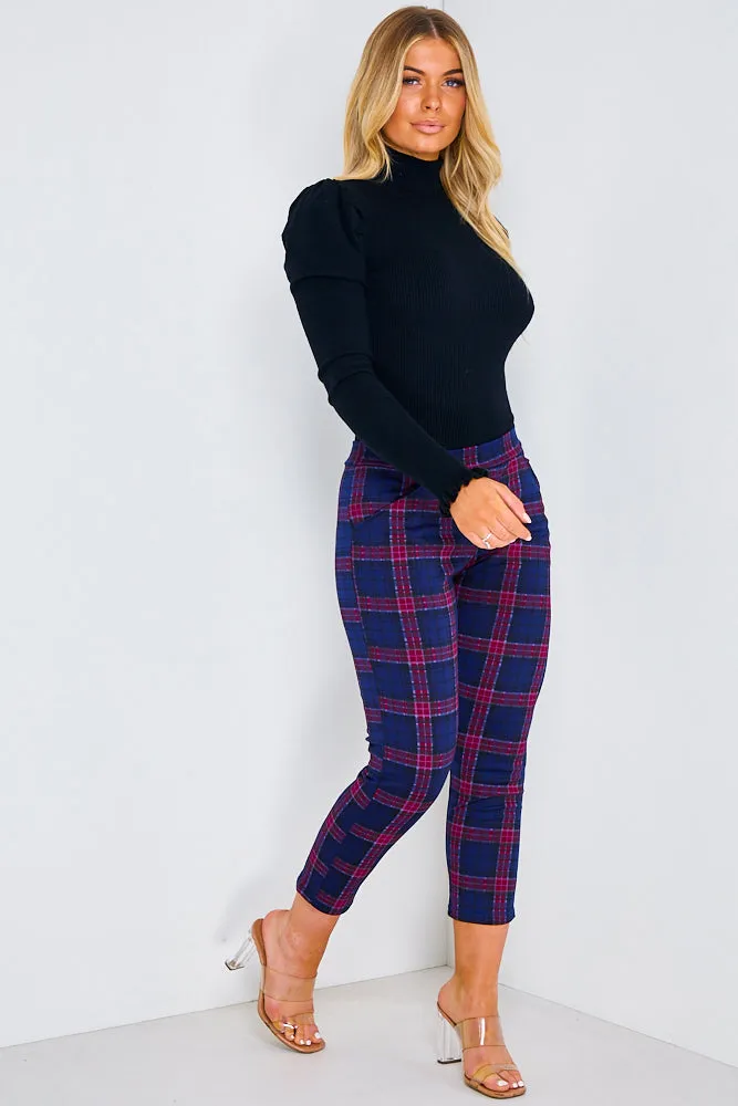 Navy & Red Check Cropped Trousers