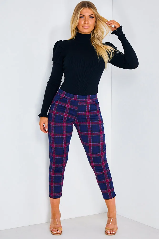 Navy & Red Check Cropped Trousers