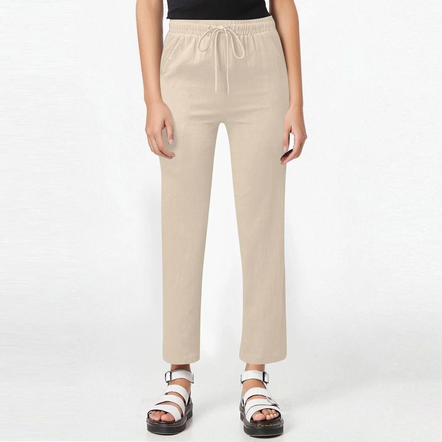 Petite Pants for Women High Waisted Straight Leg, Stretch Active Pants for Women Linen Business Casual Trousers