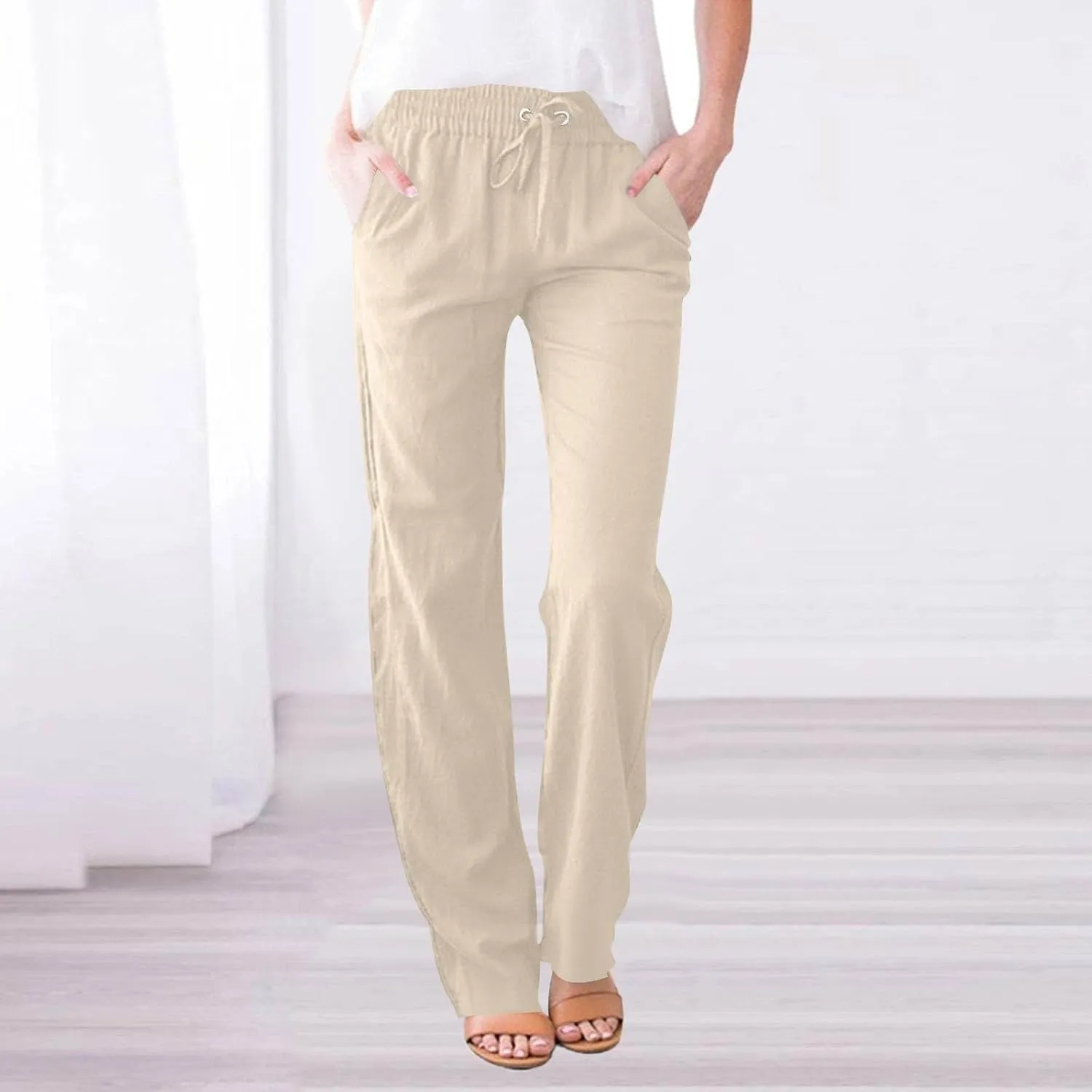 Petite Pants for Women High Waisted Straight Leg, Stretch Active Pants for Women Linen Business Casual Trousers